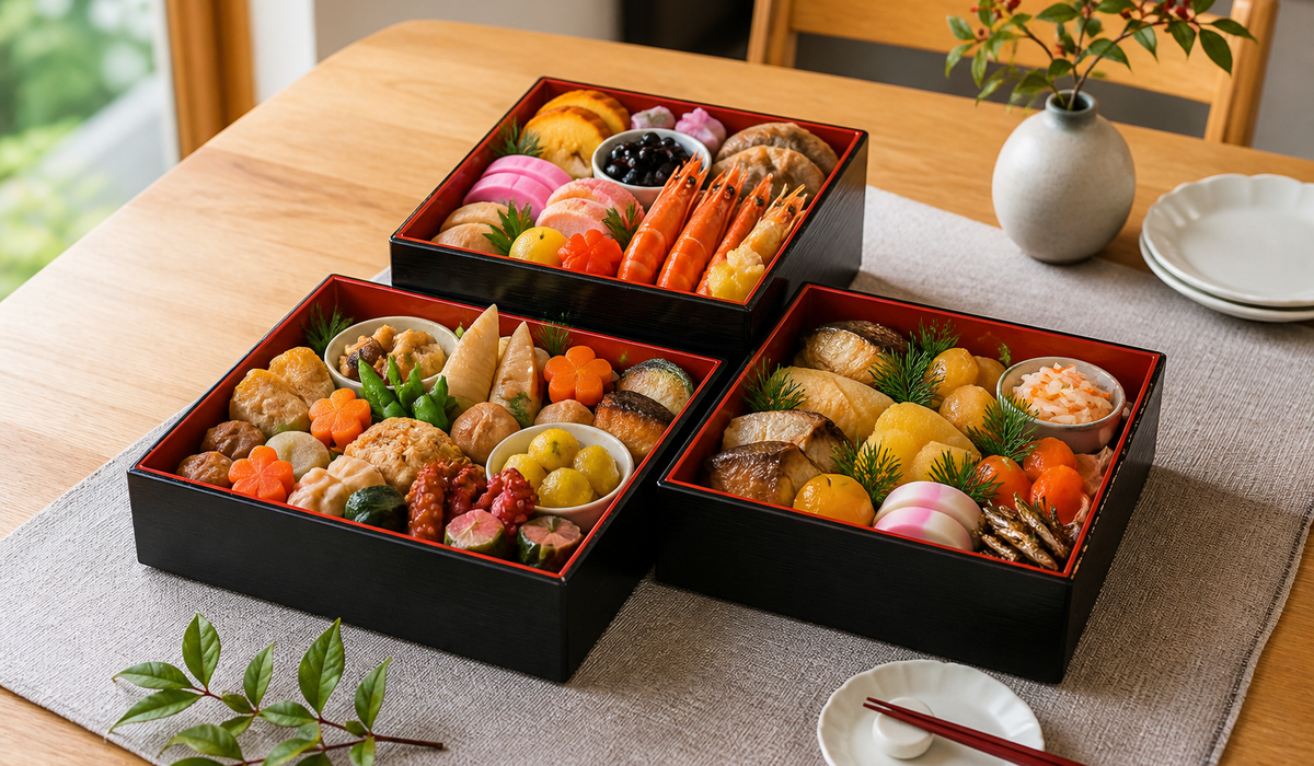 三段の重箱に盛り付けたおせちのイメージ