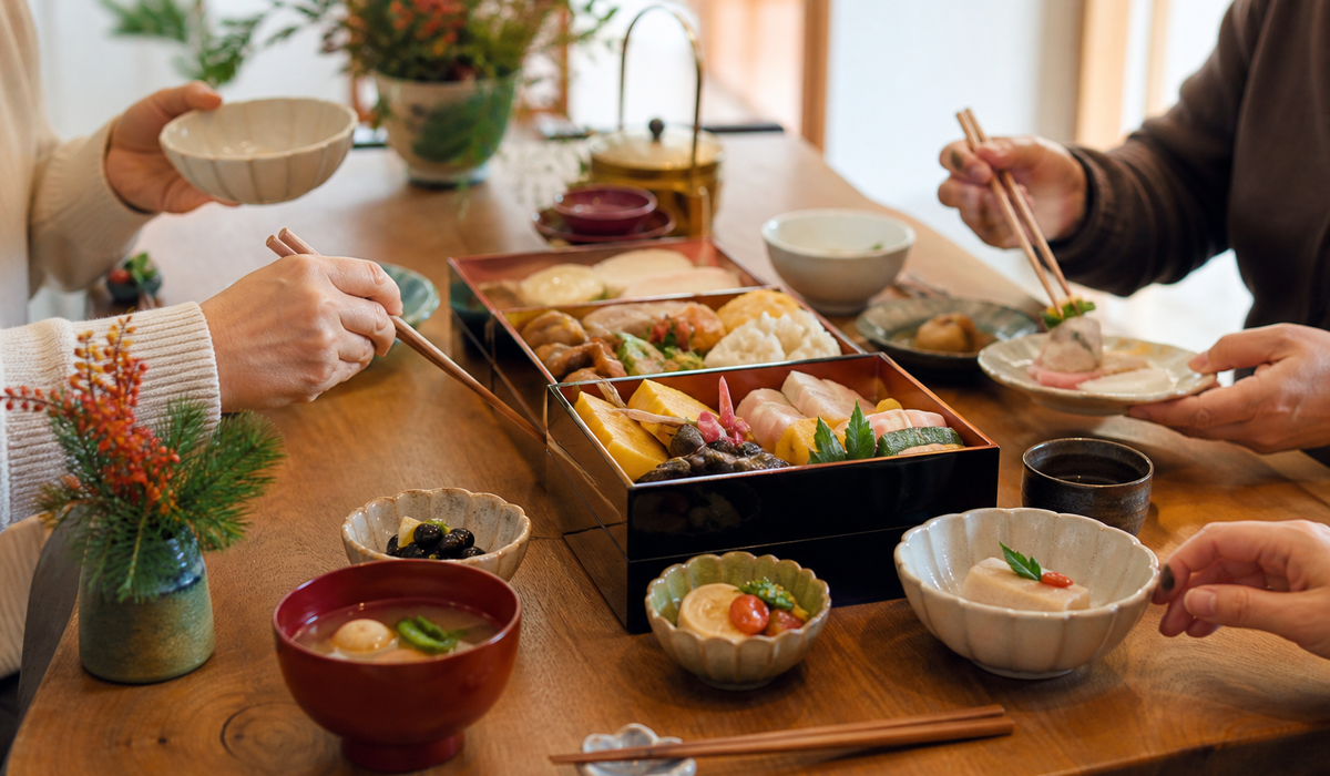 家族でおせちを囲む食卓のイメージ