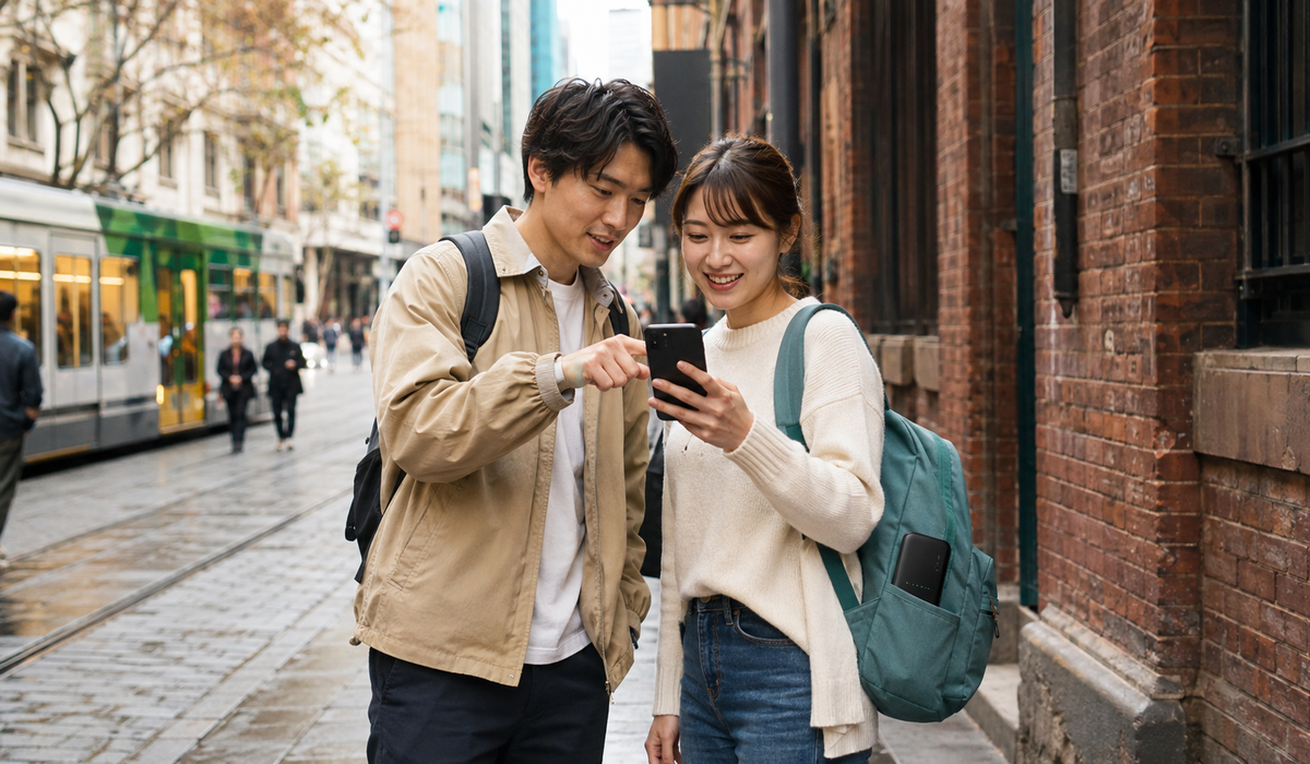 オーストラリアの街中でスマートフォンを使う旅行者のイメージ