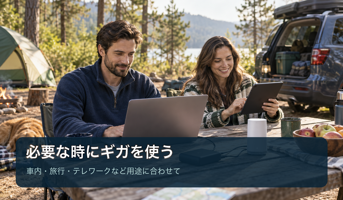 キャンプ場でノートパソコンとタブレットを使うイメージ