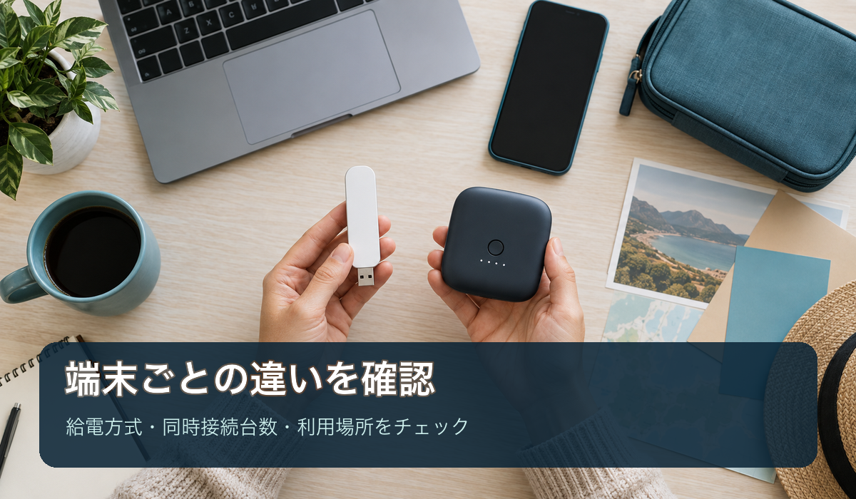 USB給電型とバッテリー搭載型の端末を比べるイメージ