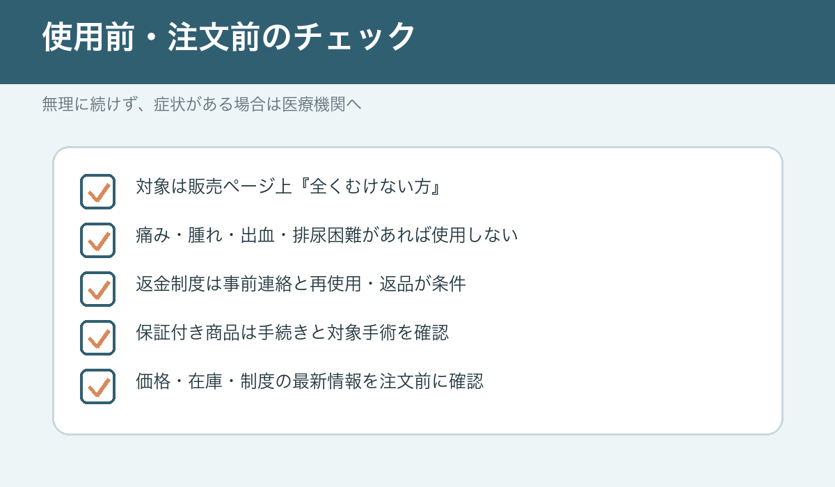 使用前と注文前の確認事項をまとめた図