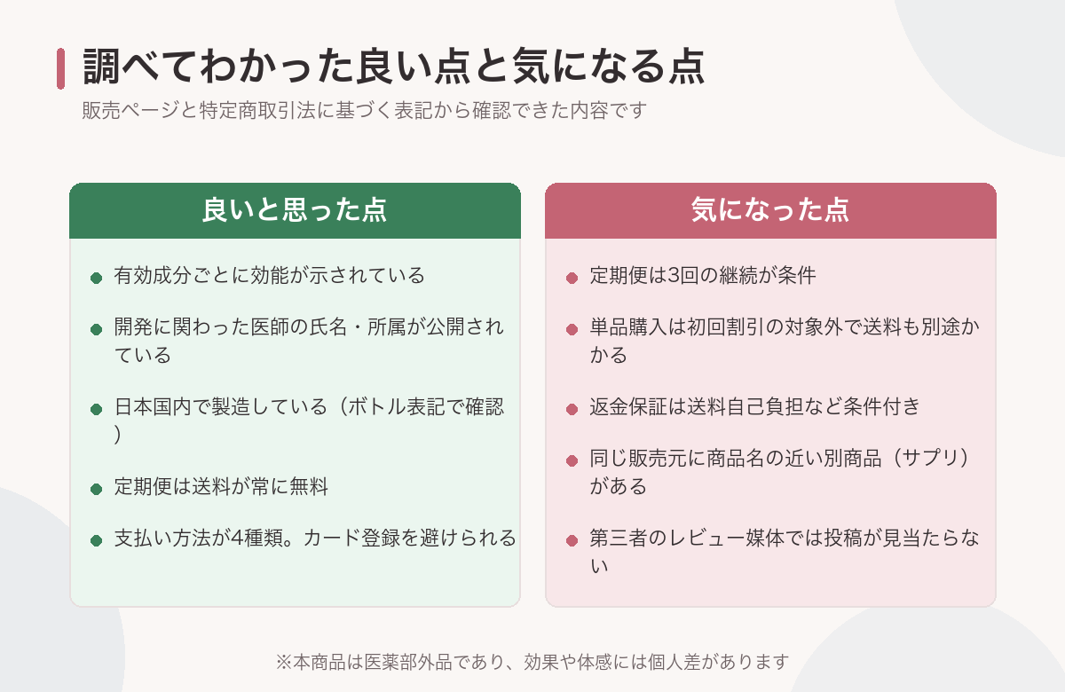 調べてわかった良い点5つと気になる点5つを左右に並べて比較した図