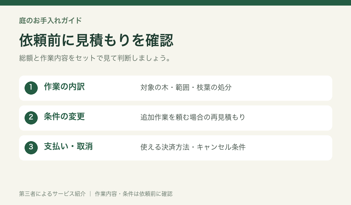 見積もりの内訳と支払い条件を確認する図