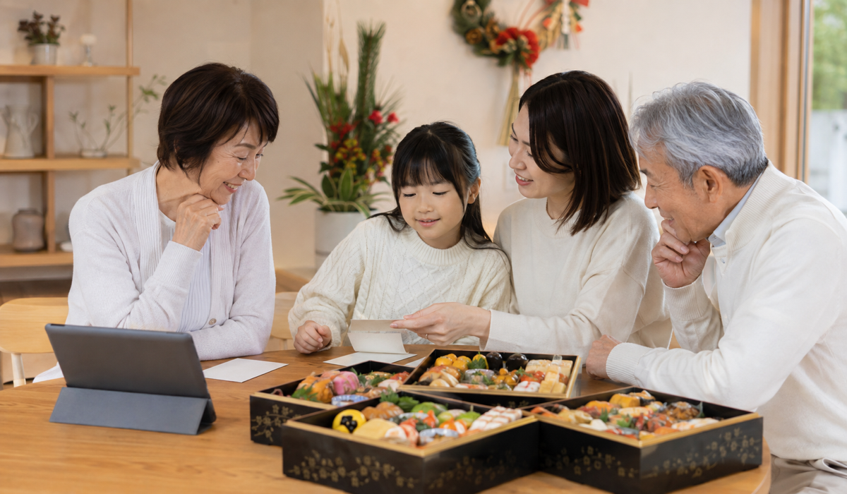家族でおせちの人数や内容を相談している様子