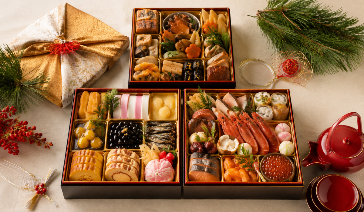 色とりどりの料理を盛り付けた三段のおせち
