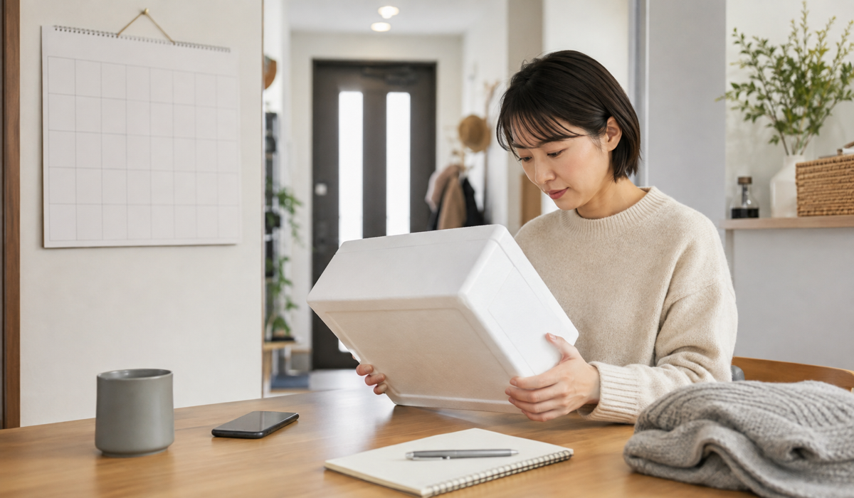 年末の配送予定と届いた箱を確認する様子