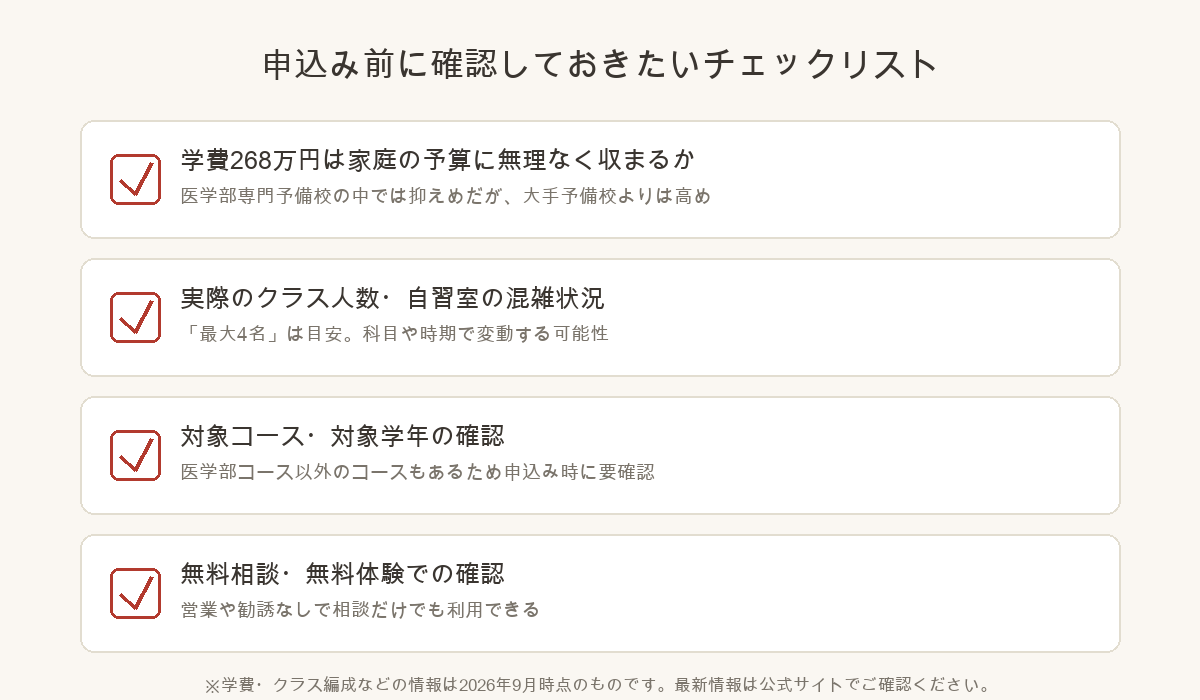 横浜予備校に申込む前に確認しておきたいポイントをまとめたチェックリスト図